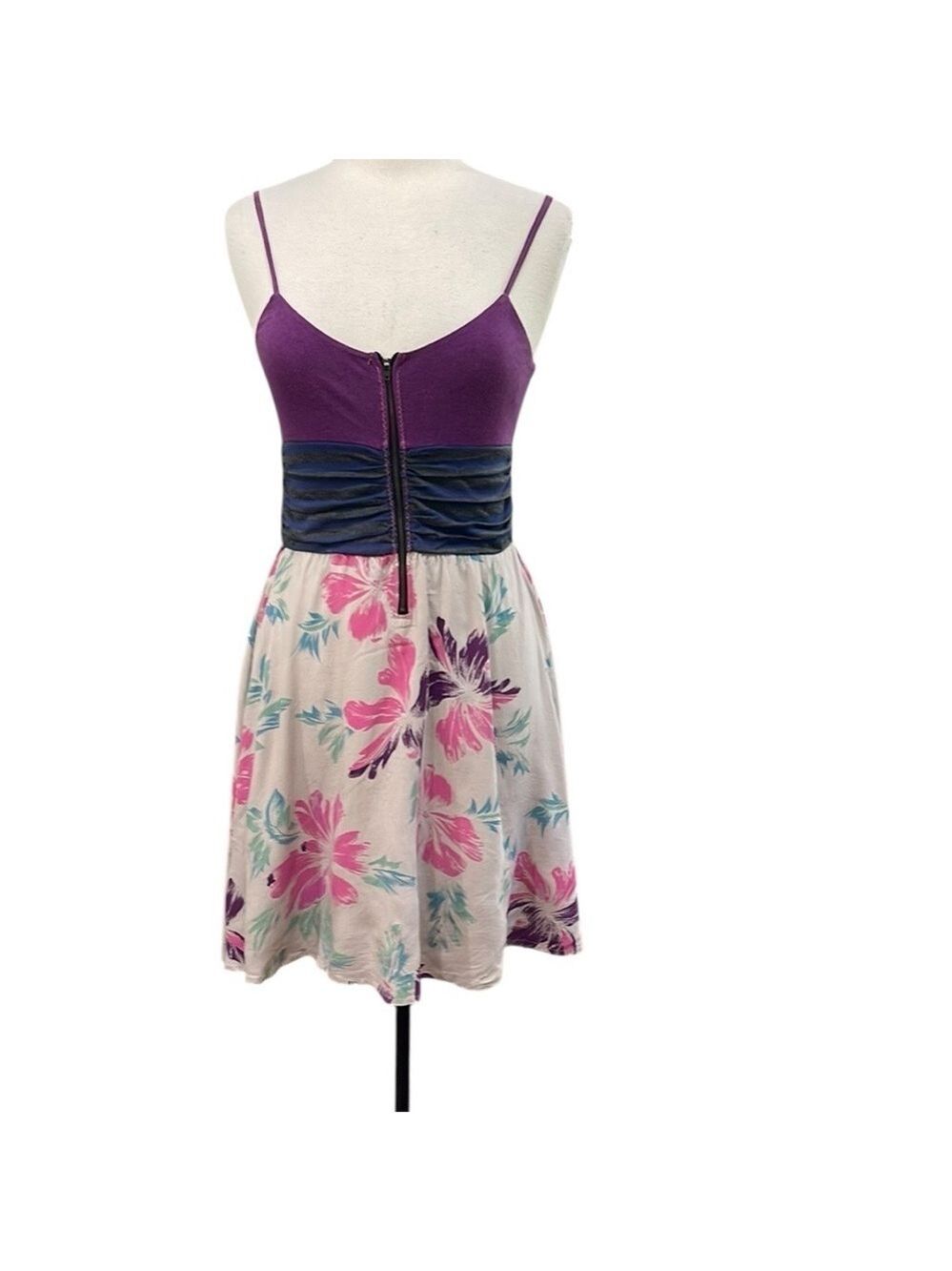 Scrapbook Strappy Tank Floral Skirt Zip Up Bust Mini Dress SZ M Purple Tan